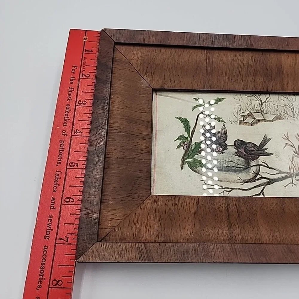 Vintage wood Framed Art Sketch Drawing Birds Building Tree 9.5x7.5
